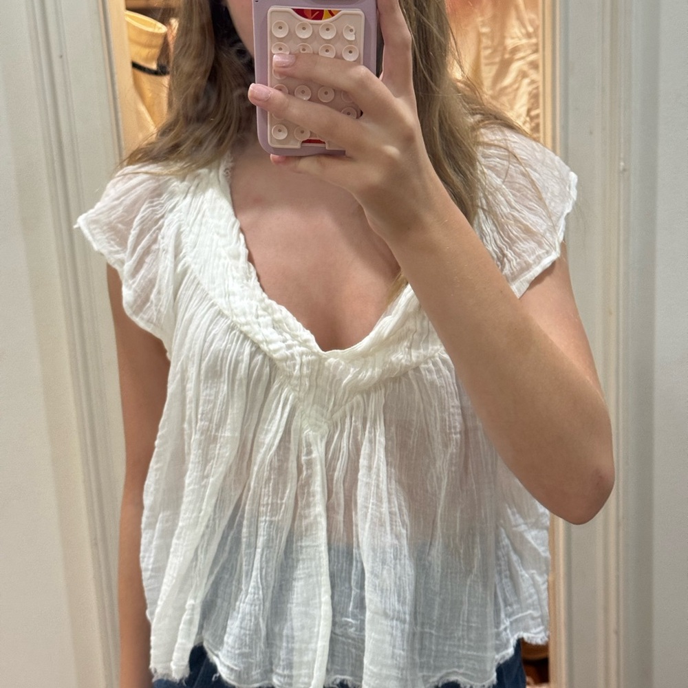Free People White Crinkled Blouse